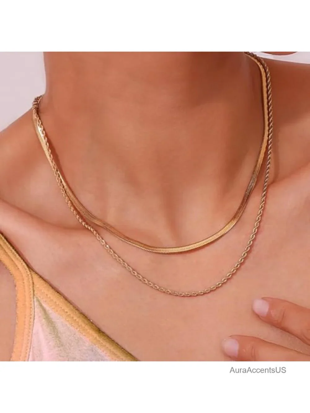 18K Gold Plated Herringbone Necklace Set Women 2 Pack Layered Chain Choker